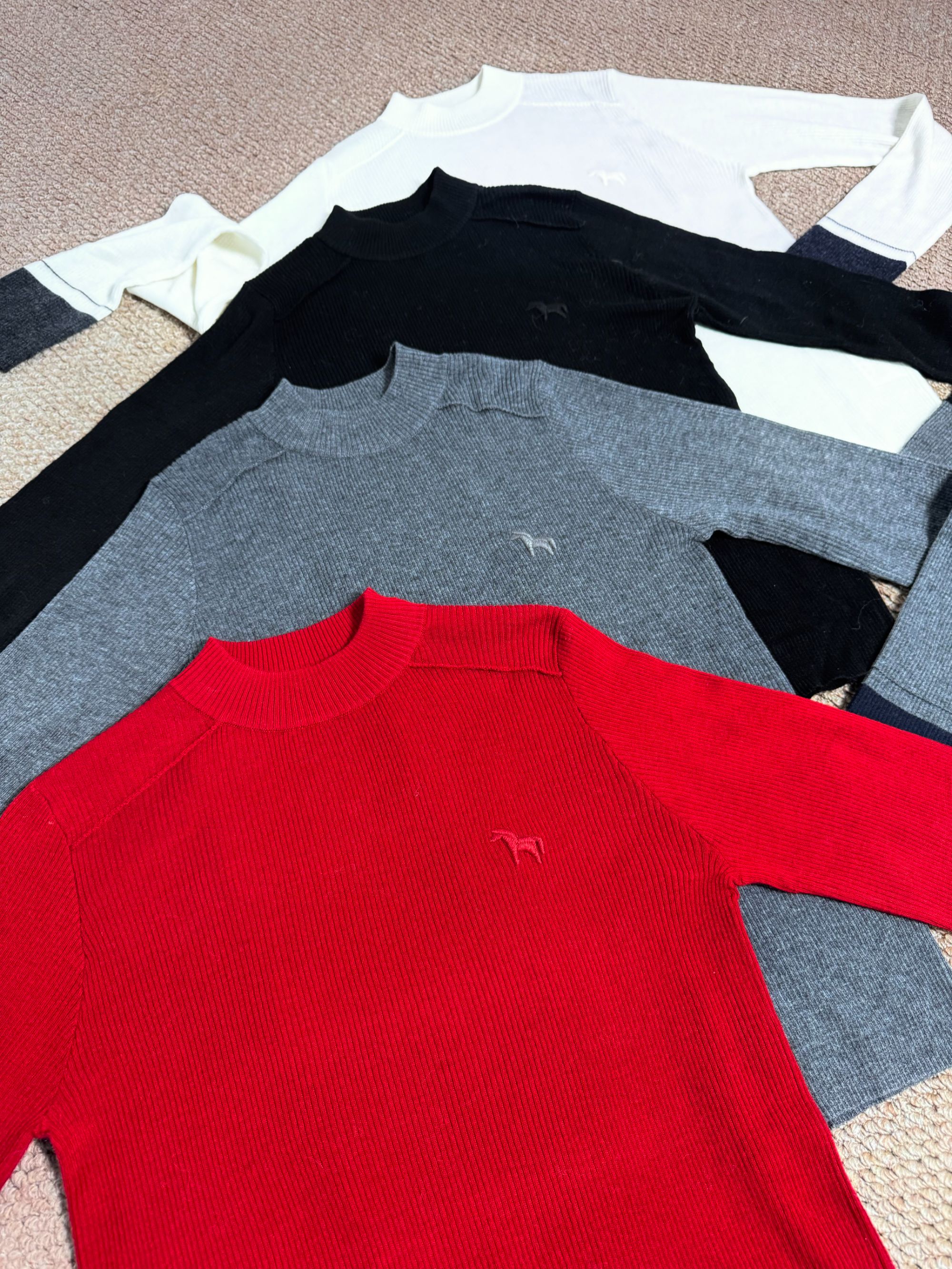 1213#短袖羊毛打底衫秋冬针织上衣加厚拼接袖口小马logo