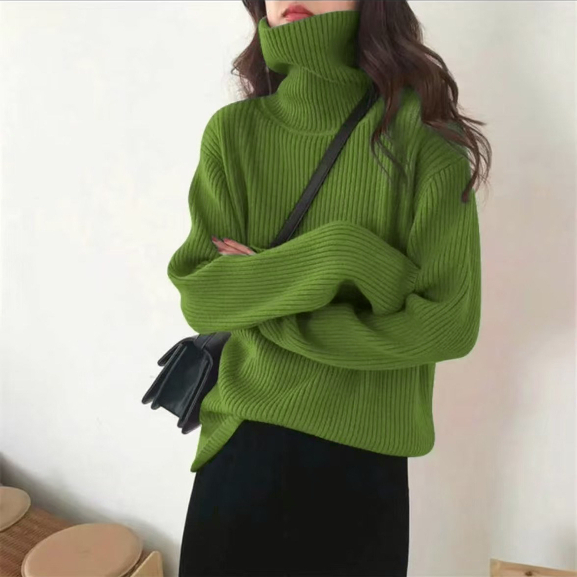 加厚款冬季高领毛衣女宽松慵懒风洋气坑条外穿内搭显瘦打底衫8003