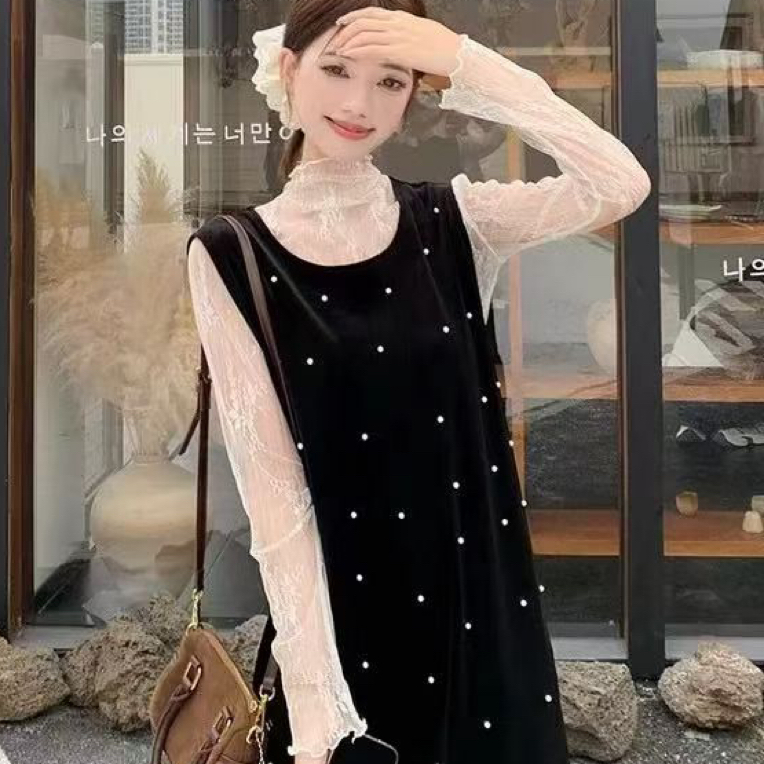 ～（姐姐家）秋冬蕾丝拼接丝绒复古重工钉珠连衣裙