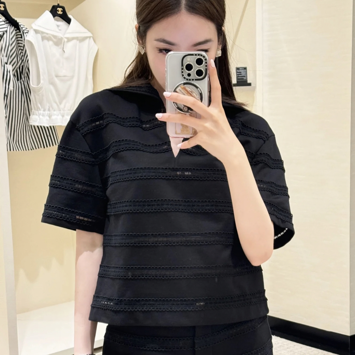 99新 Chanel/香奈儿 Chanel香奈儿24M蕾丝镂空大翻领短袖36码