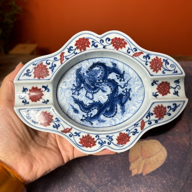 仿明风格青花釉里红龙纹缠枝莲雪茄缸陶瓷矾红花纹高级感