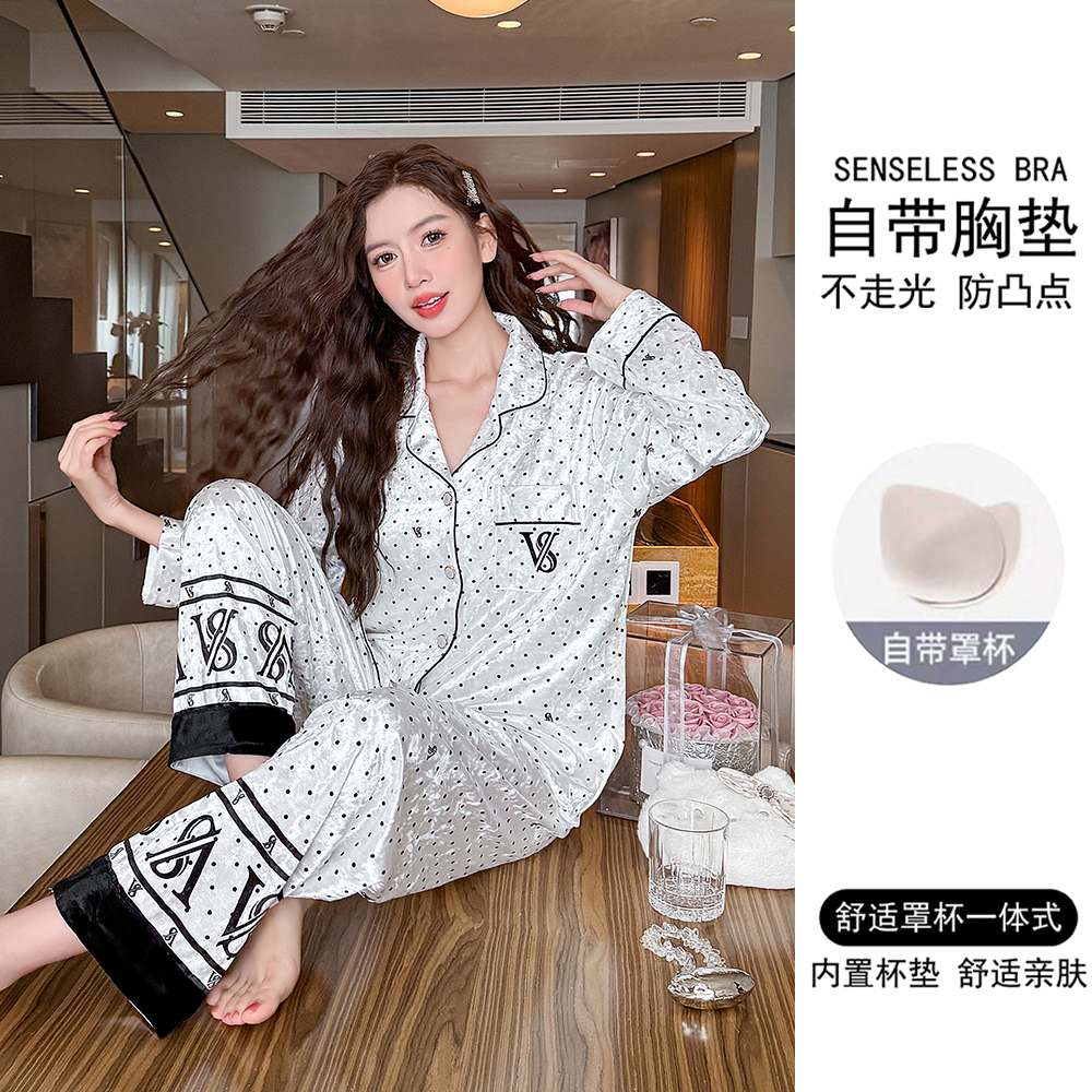 带胸垫小香风金丝绒睡衣女春秋季长袖套装2025年新款秋冬家居服