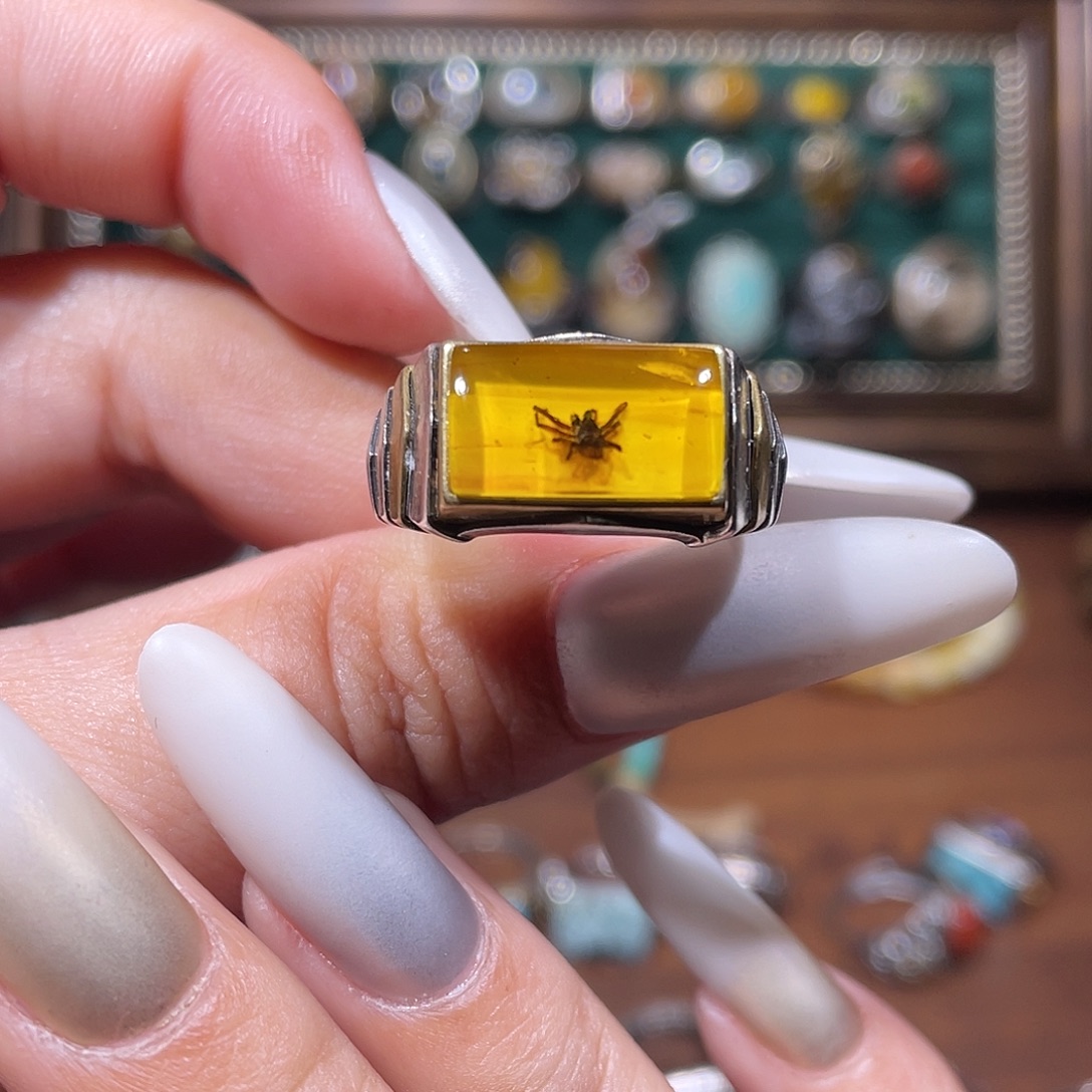 等***等琥珀银S925镶嵌戒指