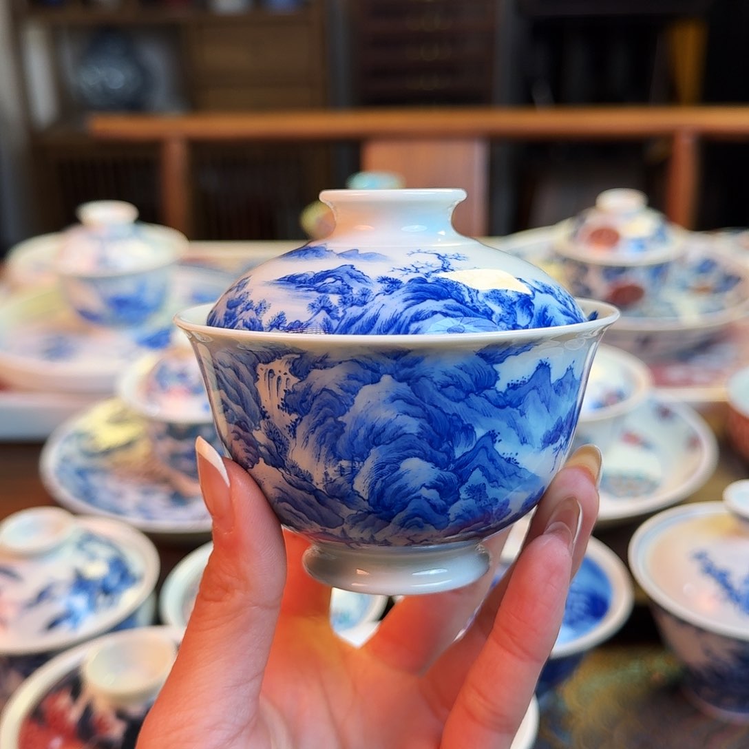 杯一***的重工山水盖碗纯手绘