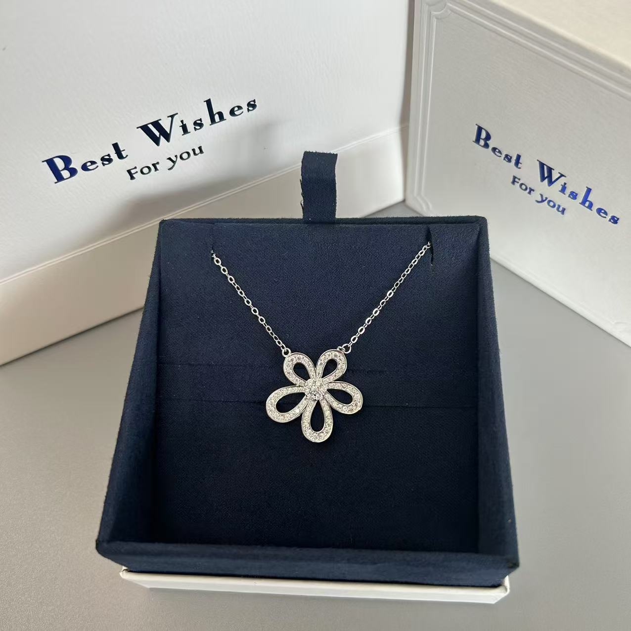 坠链均925银 太阳花朵满钻项链女S925纯银五花锁骨链轻奢小众礼物