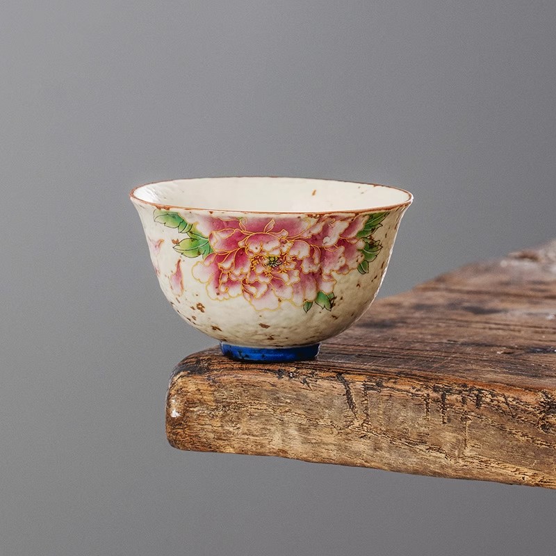 青花火石红金丝牡丹陶瓷主人杯个人专用茶杯高档功夫茶具喝茶杯子