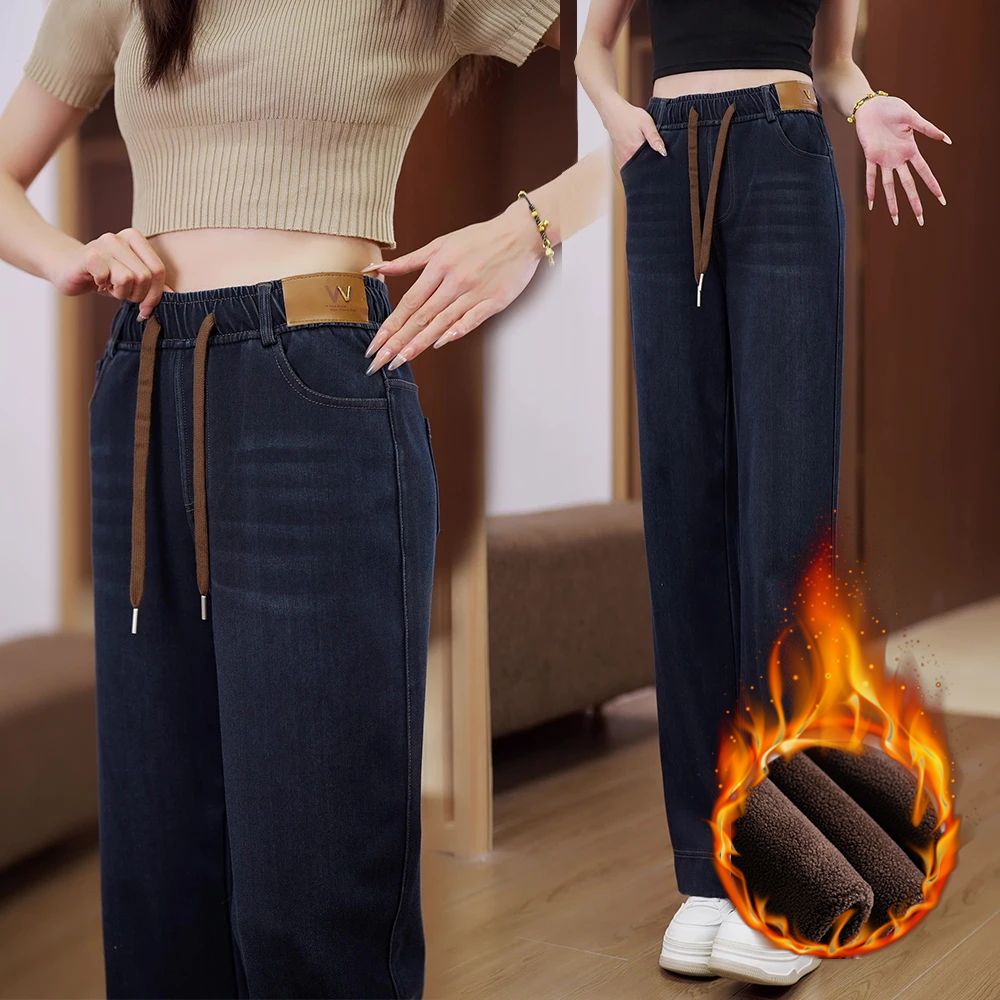 2025冬季新款加绒加厚洋气高腰宽松休闲大码中老年妈妈水洗牛仔裤