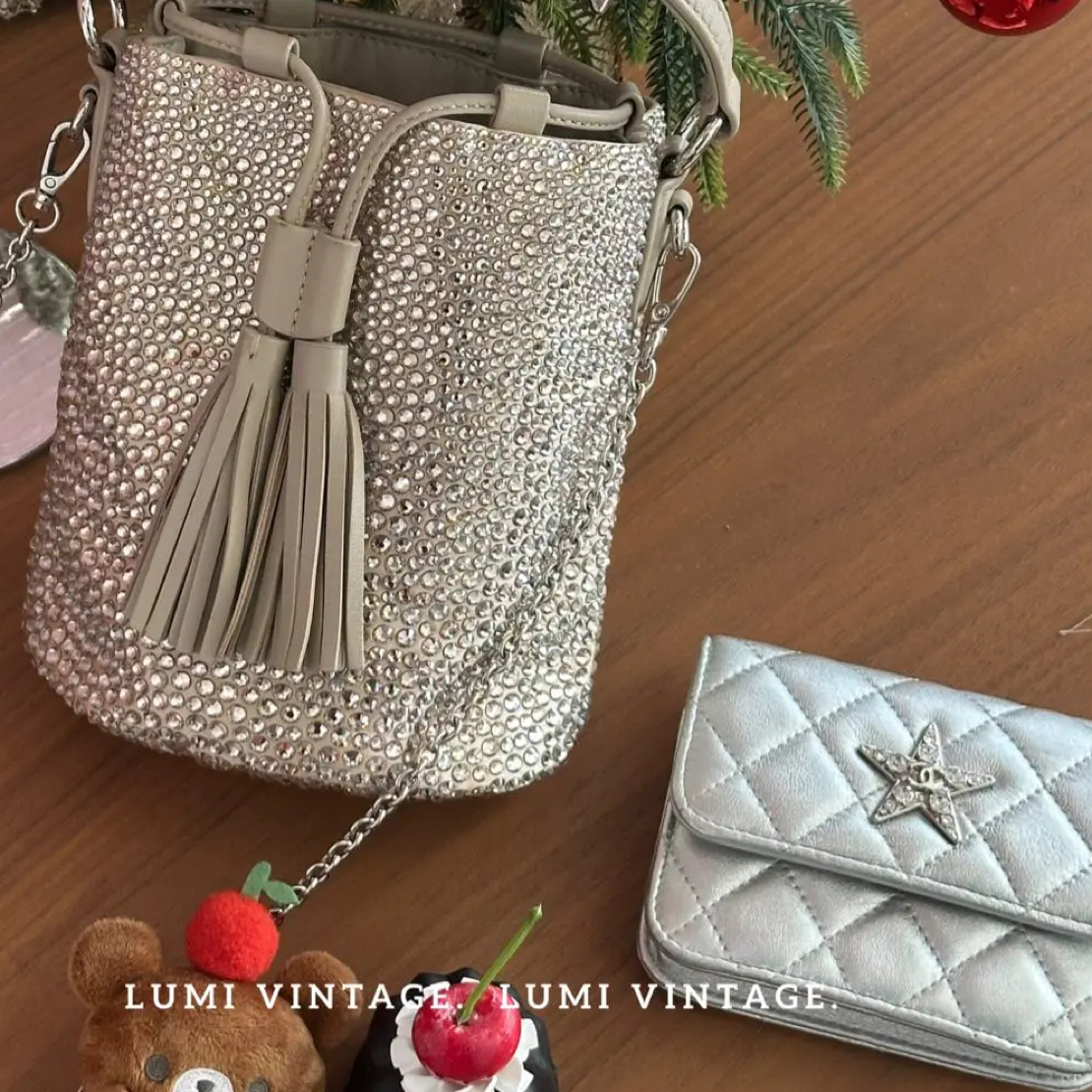 95新 MIU MIU/缪缪 沙黄色织物面料满钻水桶单肩包97003026