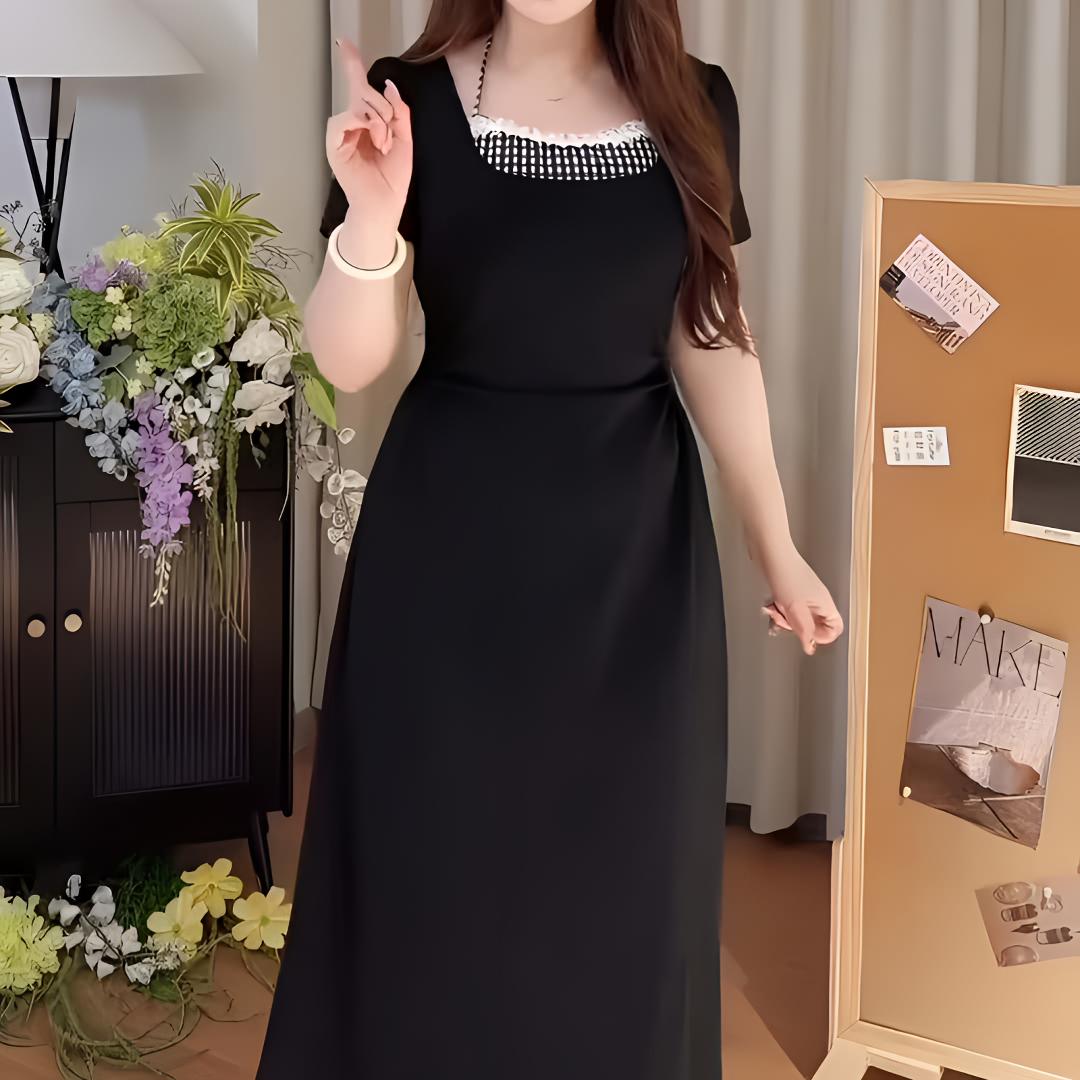 大码胖mm气质温柔风格子拼接挂脖连衣裙女夏季收腰显瘦a字长裙子