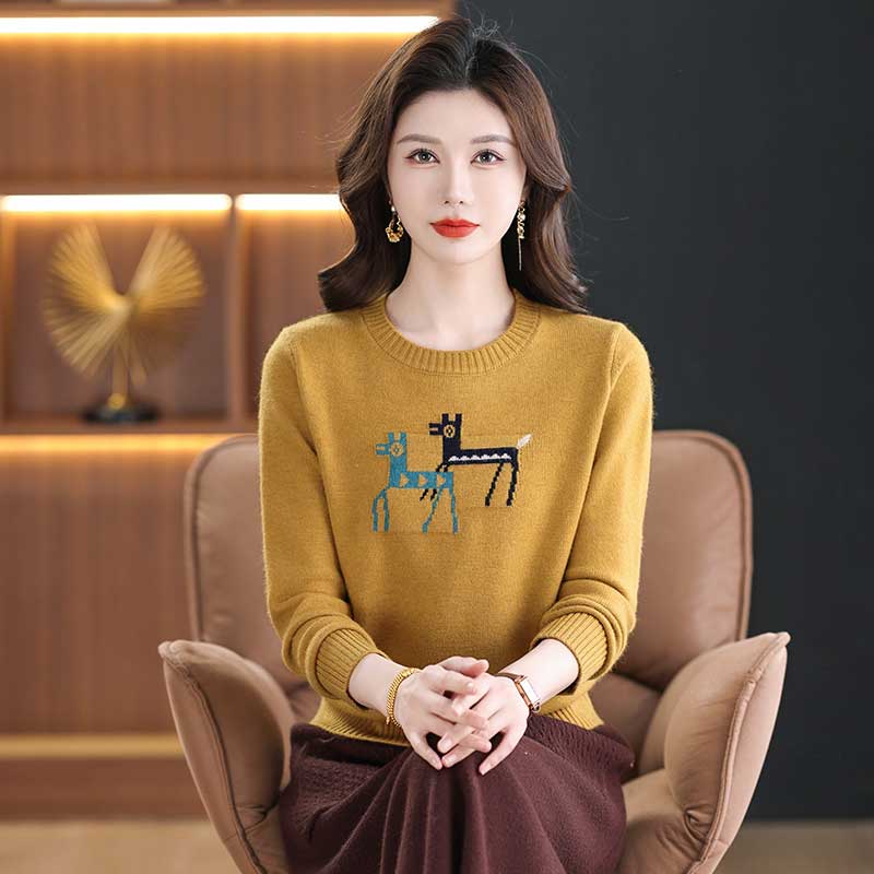针织圆领不缩水小鹿提花针织衫女士洋气秋季秋冬春秋长袖时尚百搭