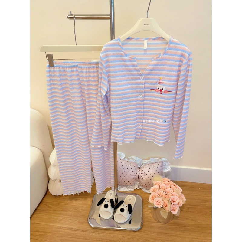韩版ins睡衣女春秋款可爱卡通条纹简约长袖长裤秋季可外穿家居服