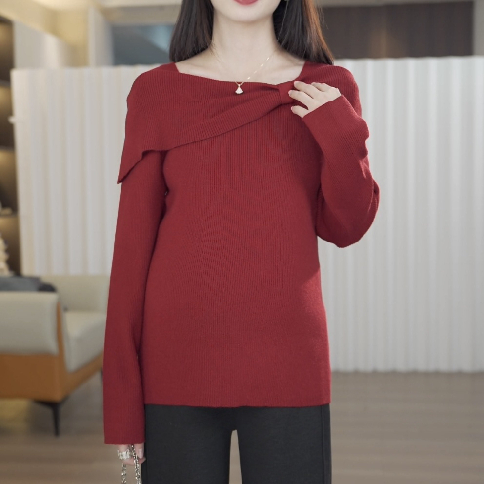 蝴蝶结一字领针织衫设计感气质打底毛衣女ZZS025