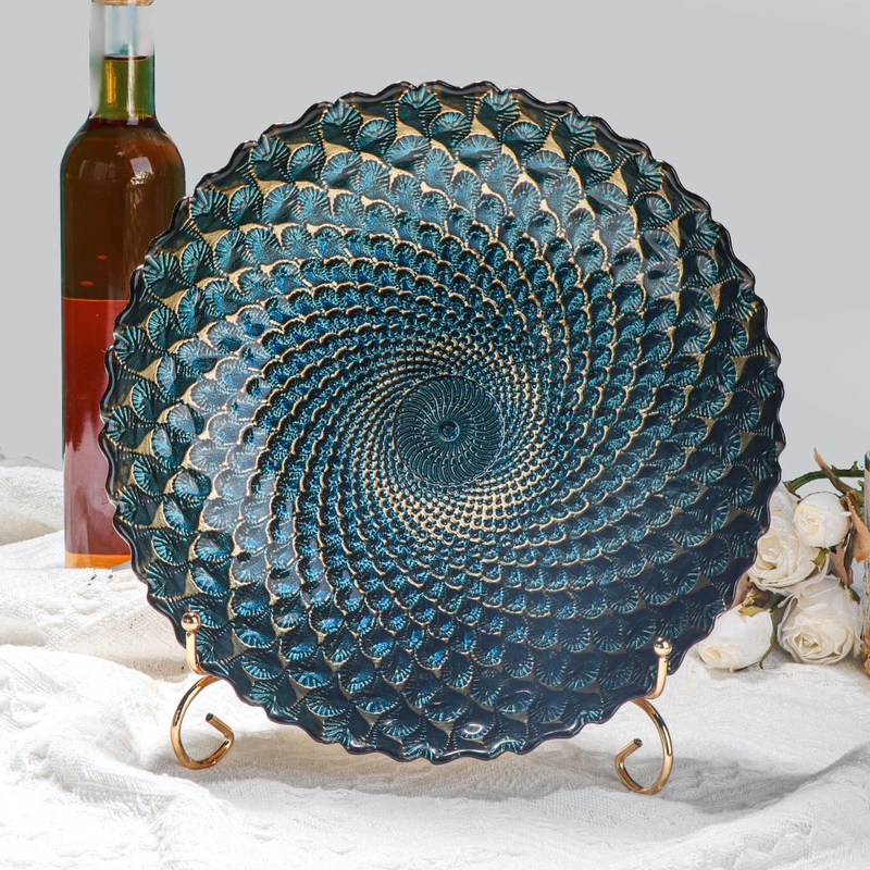 果盘欧式风格电镀宝蓝孔雀水晶玻璃水果大盘A037