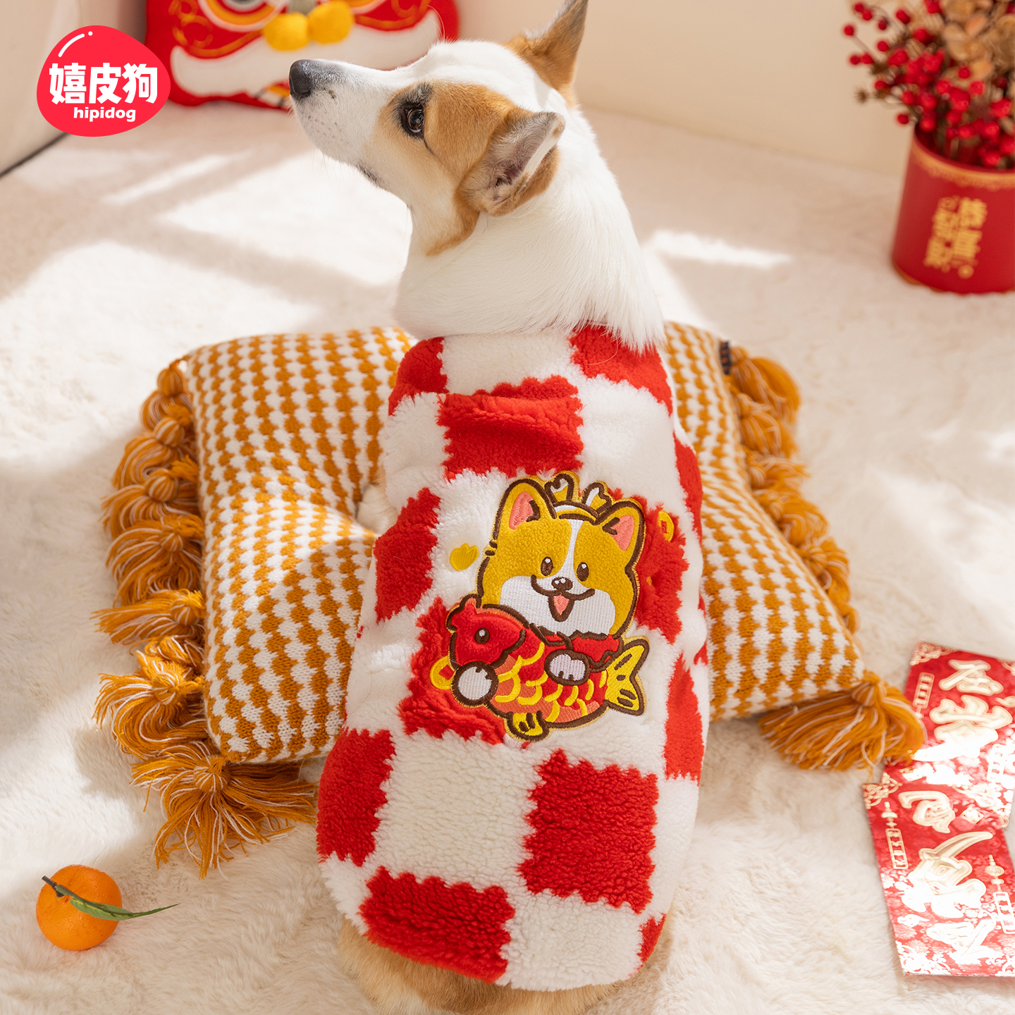 嬉皮狗冬天狗狗衣服棋盘格新年柯基绒衣宠物中型犬加厚冬装0834