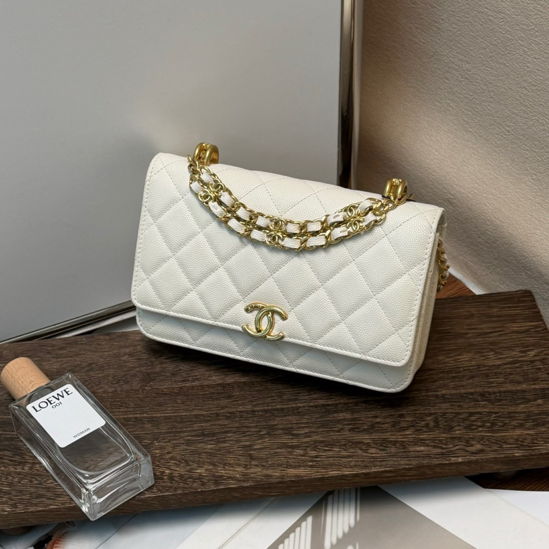 95新 Chanel/香奈儿 白色 荔枝牛 双链条woc手提斜挎包/675694222