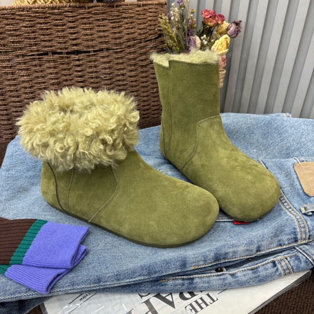 小雨家【韩版】冬季真皮套筒防滑游牧风时尚平底百搭圆头短筒棉靴