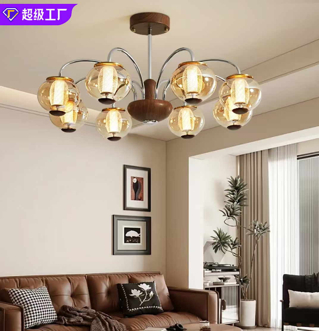 法式中古客厅吊灯美式复古vintage餐厅书房灯胡桃木色卧室房间灯