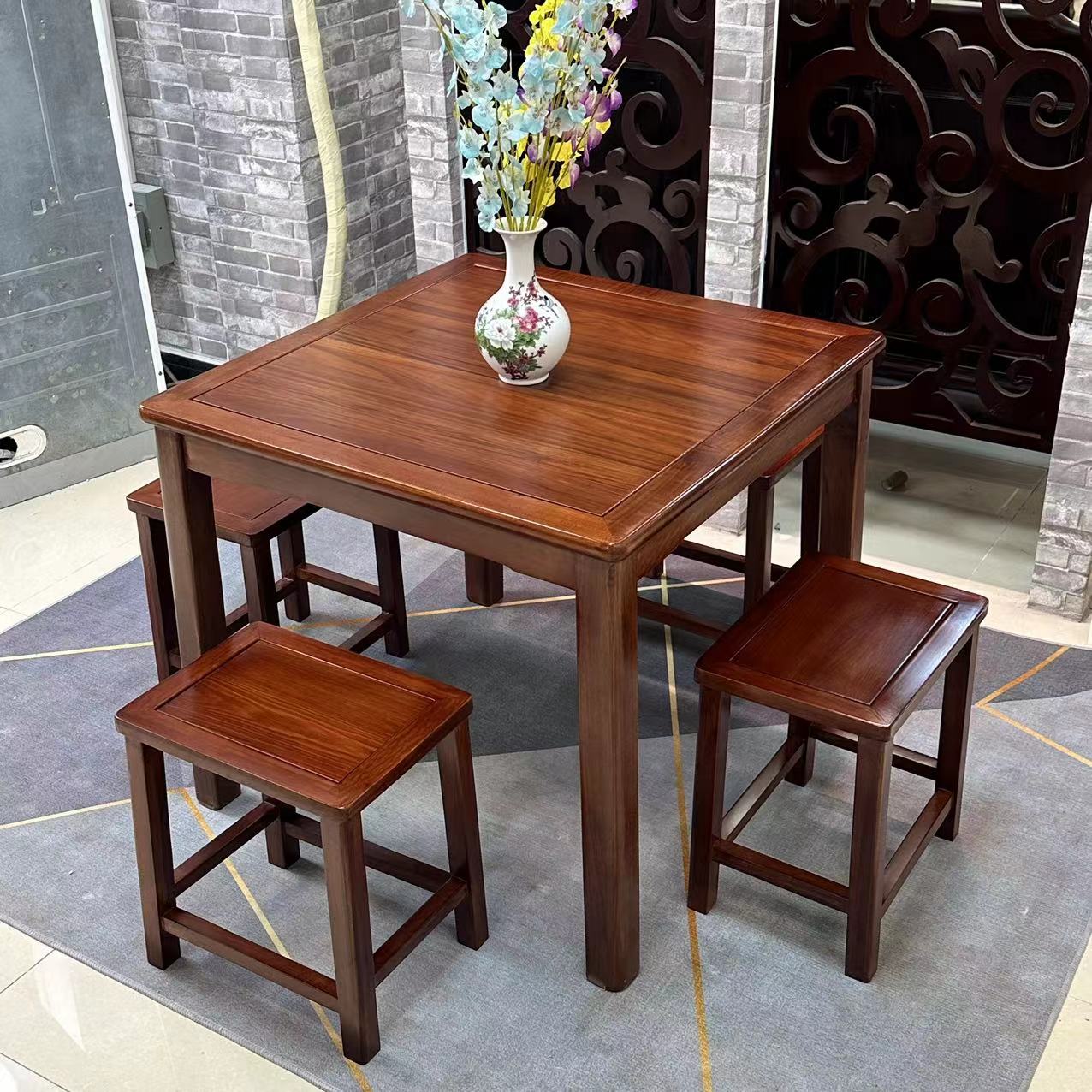 新中式乌金木全实木家用餐桌四方桌休闲桌棋牌桌子