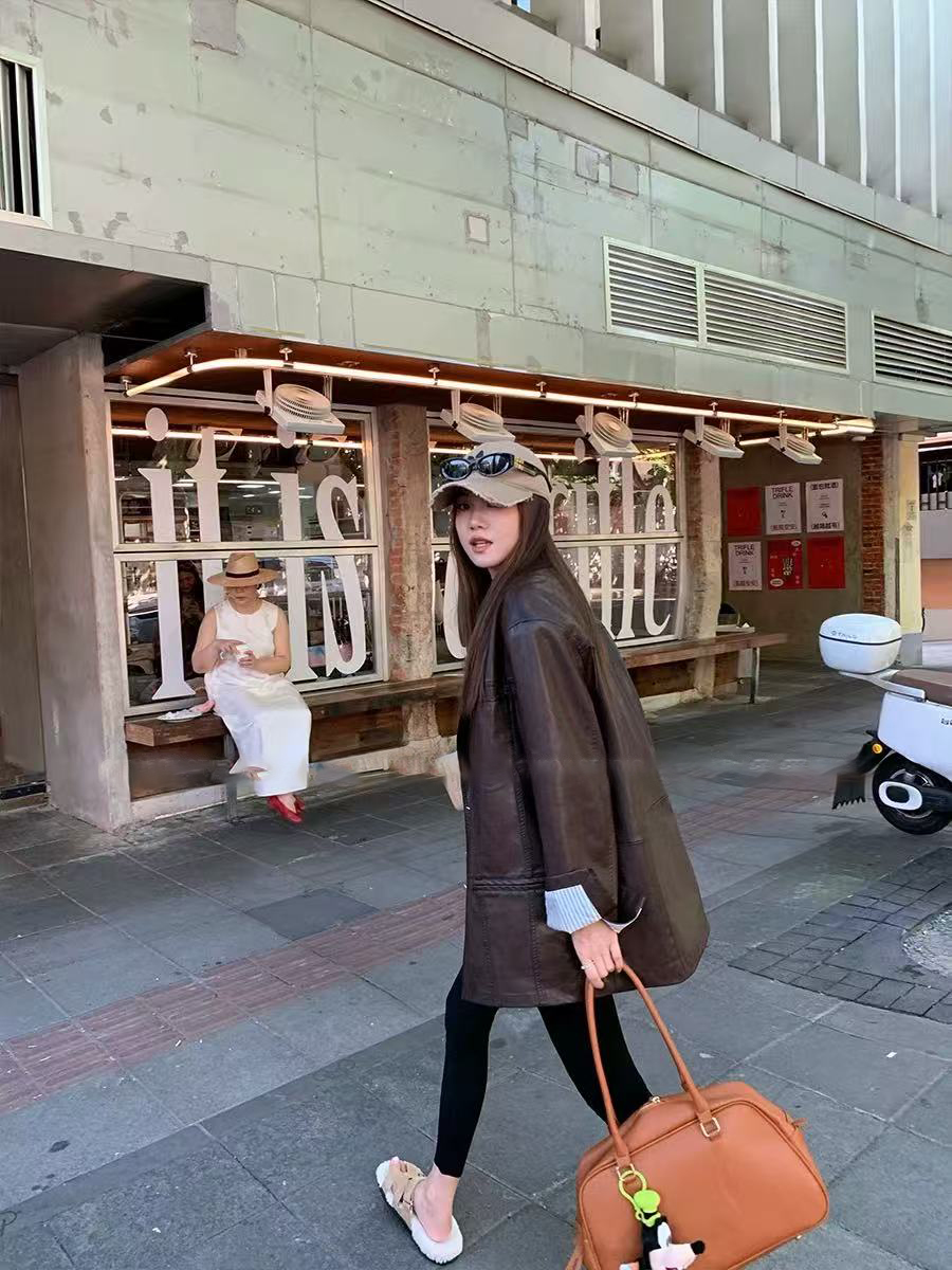 复古风皮衣外套女BF风宽松显瘦廓形PU西装