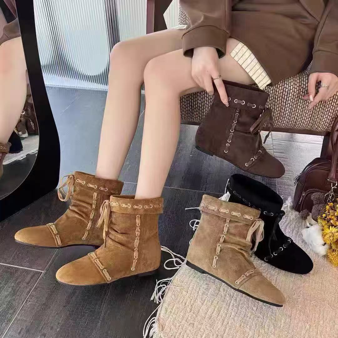 覆古风圆头秋冬新款小众设计感绑带显瘦短靴A1603(不加绒)