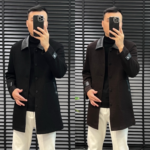 《轻奢男装》男士高品质中长休闲羊毛大衣拼皮领羊毛内胆外套