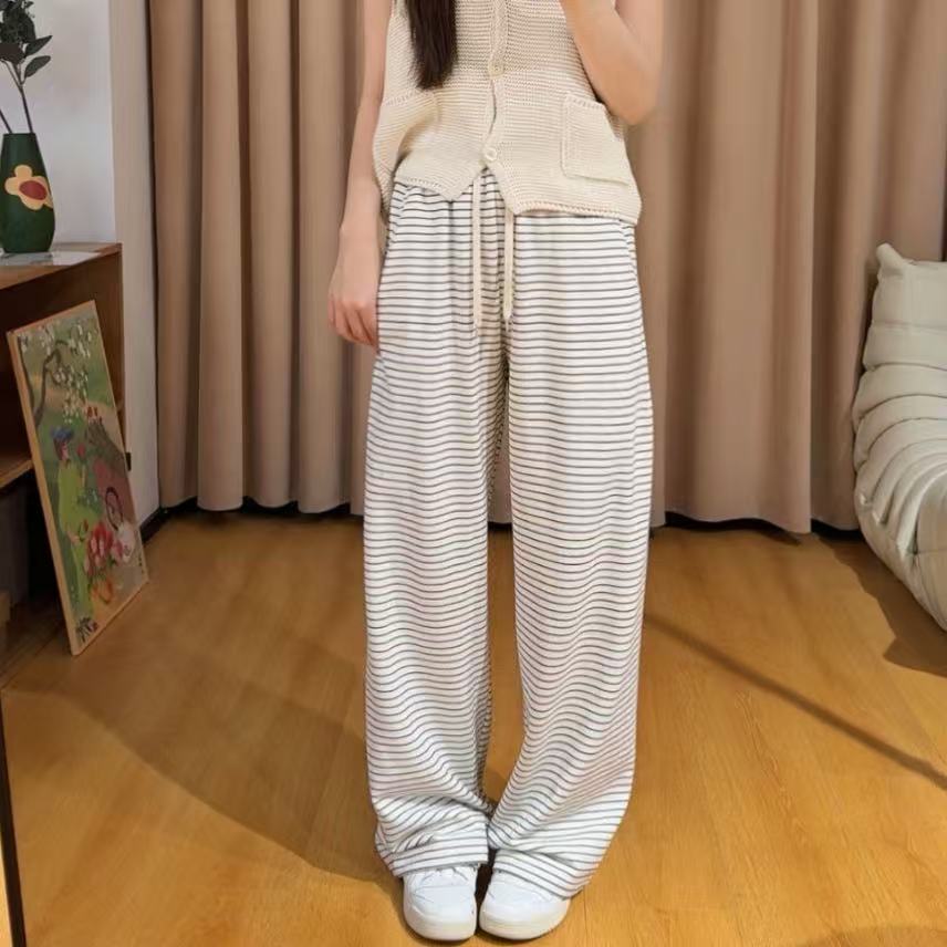 84647余小鱼【长腿神裤】黑白横条纹松紧腰带抽绳阔腿休闲裤女装
