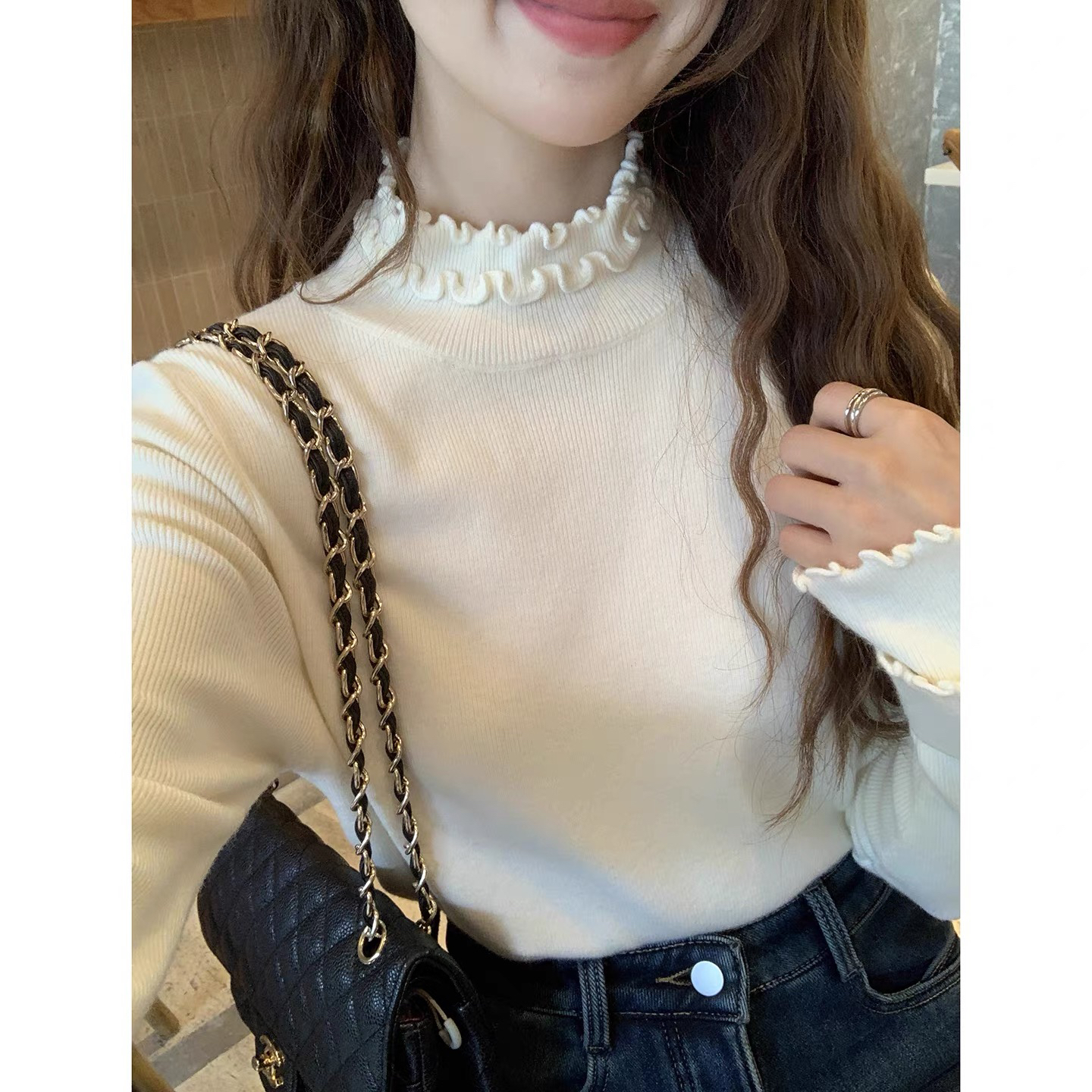 甜一一双层木耳边冬季长袖甜美设计感针织修身显瘦打底衫