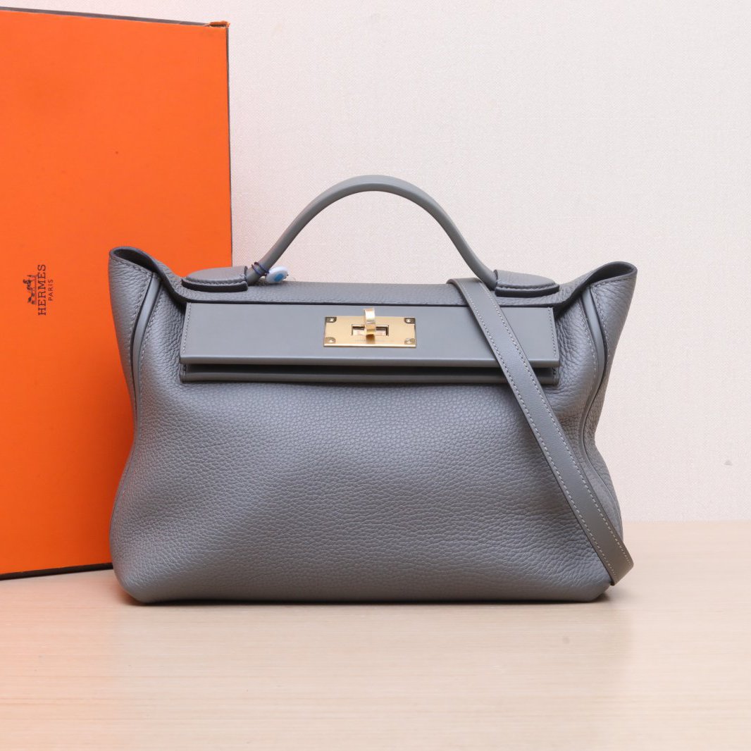 95新 Hermes/爱马仕 小花双双 2424 29 锡器灰 Togo皮 U刻 金扣 