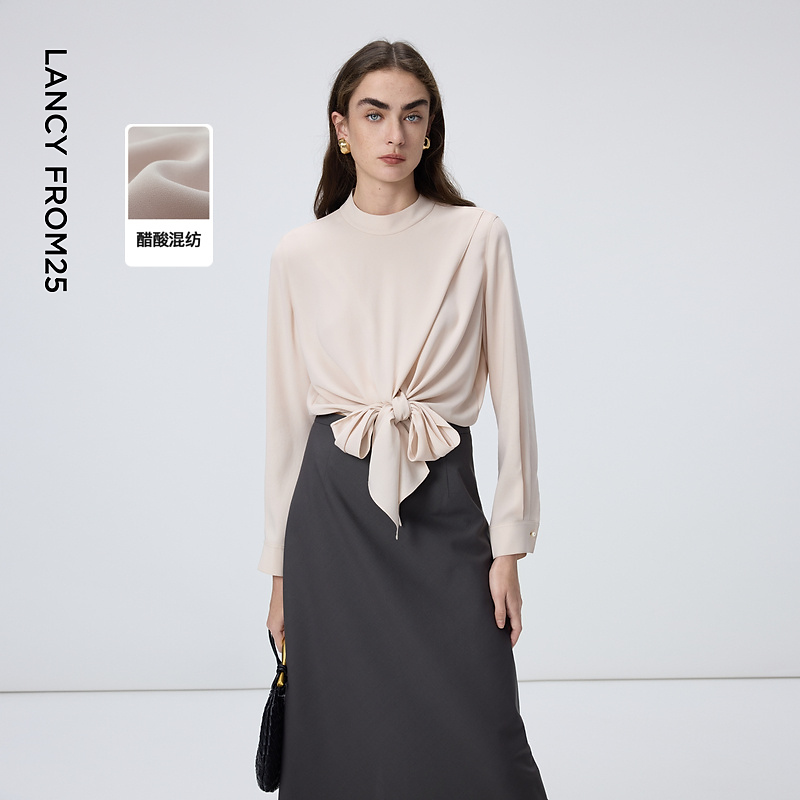 朗姿醋酸圆领设计感系带两穿衬衫高级感优雅上衣女2026年春季新款