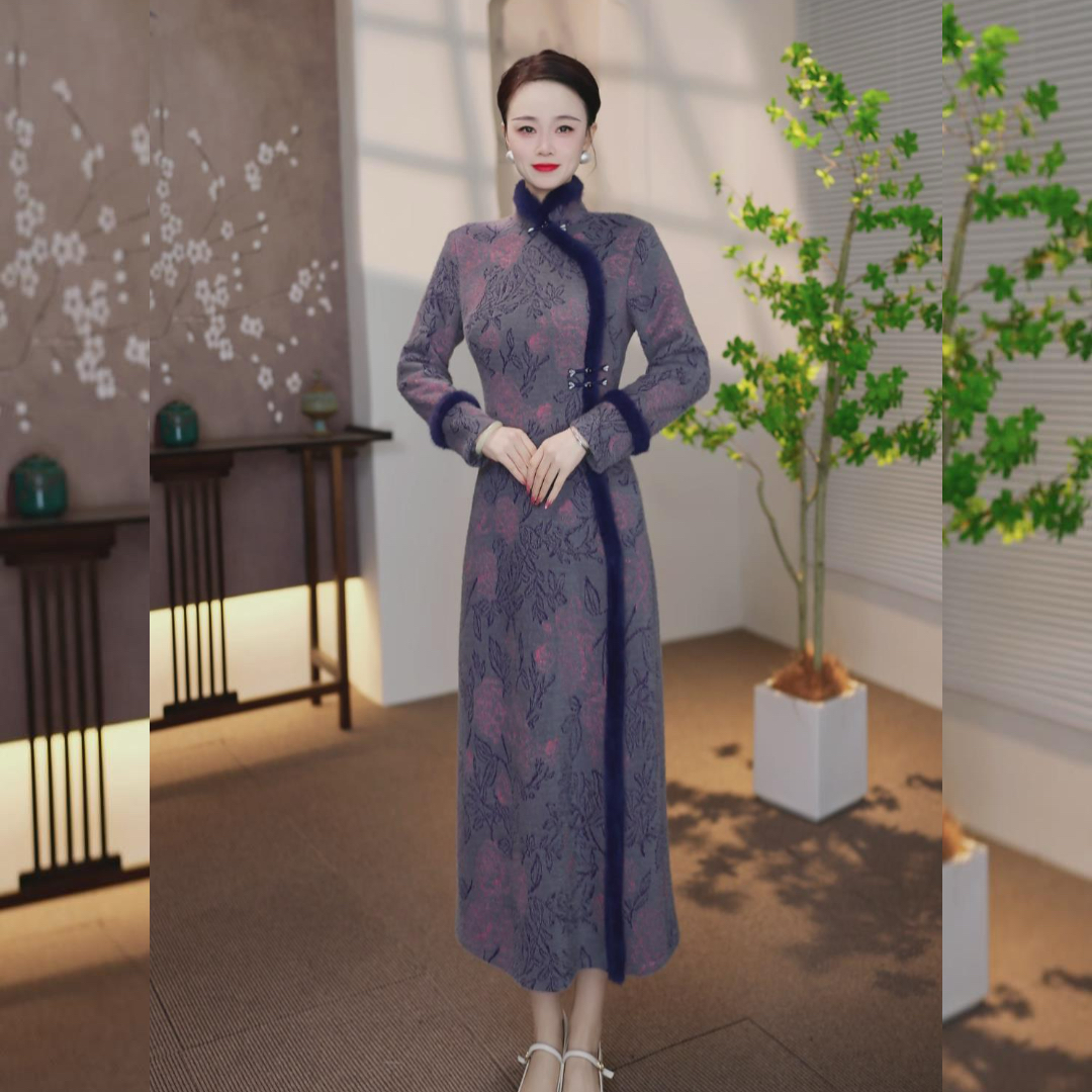【YU-53】  牡丹  【清雅】新国风 加绒保暖古韵显瘦遮肉女士连衣裙