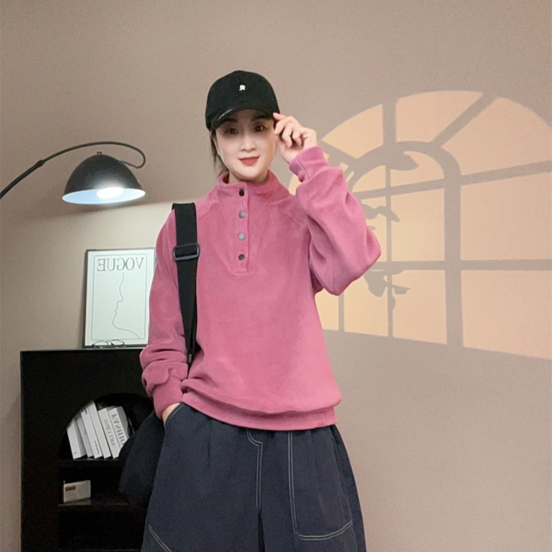 6678#咖色休闲韩版双面奥粒绒四粒扣保暖卫衣