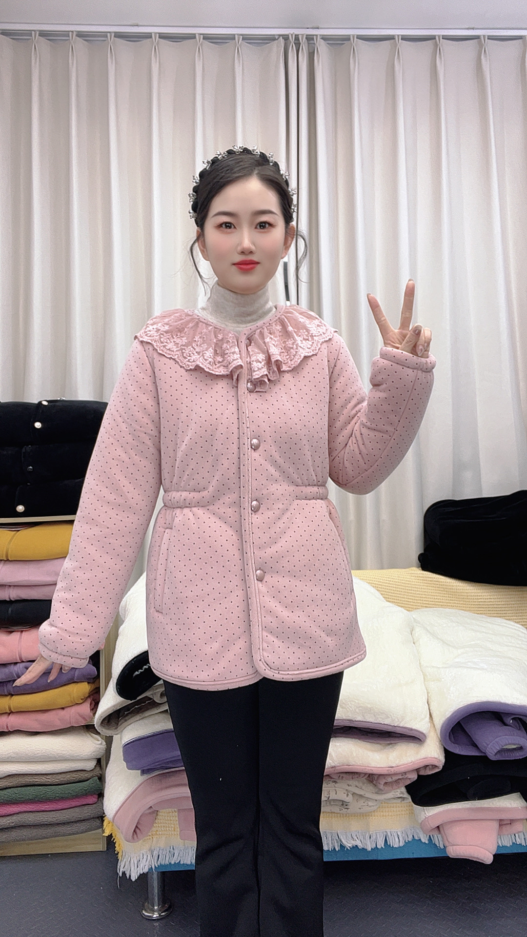 (薇恩专属01款)收腰显瘦蕾丝领三层加厚冬季外穿家居服