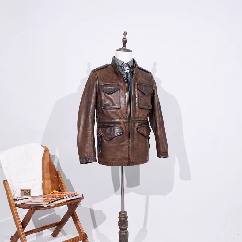 重磅1.5MM经典M65茶芯植鞣牛皮皮衣外套美式复古阿美咔叽机车
