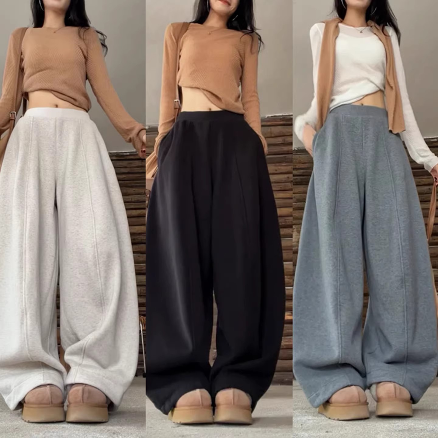 2025欧货新款加绒加厚阔腿裤宽松显瘦松紧腰保暖百搭冬季弯刀裤