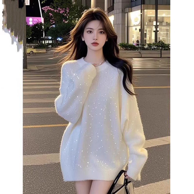 法式小香风细闪针织衫女2024冬季新款高级感宽松显瘦圆领毛衣百搭