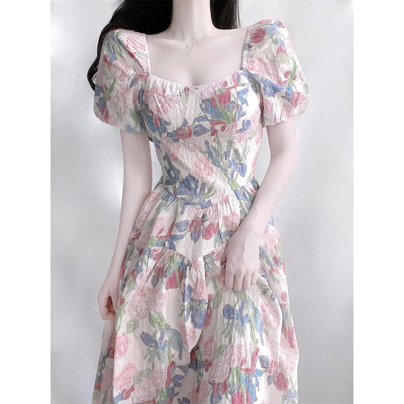 【董小姐优选】3041-3050时夏季碎花复古方领修身设计感连衣裙名媛