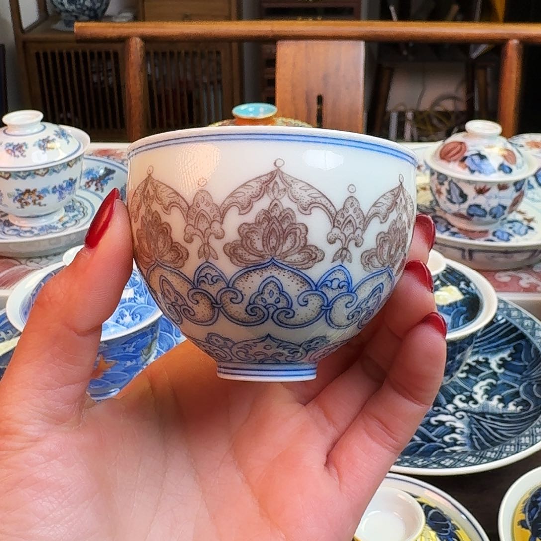 杯重工瑜器点工青花釉里红杯纯手绘