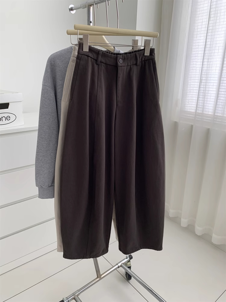 日系复古棉质拉绒阔腿气球裤女秋冬加厚保暖拼接弯刀裤显瘦工装裤