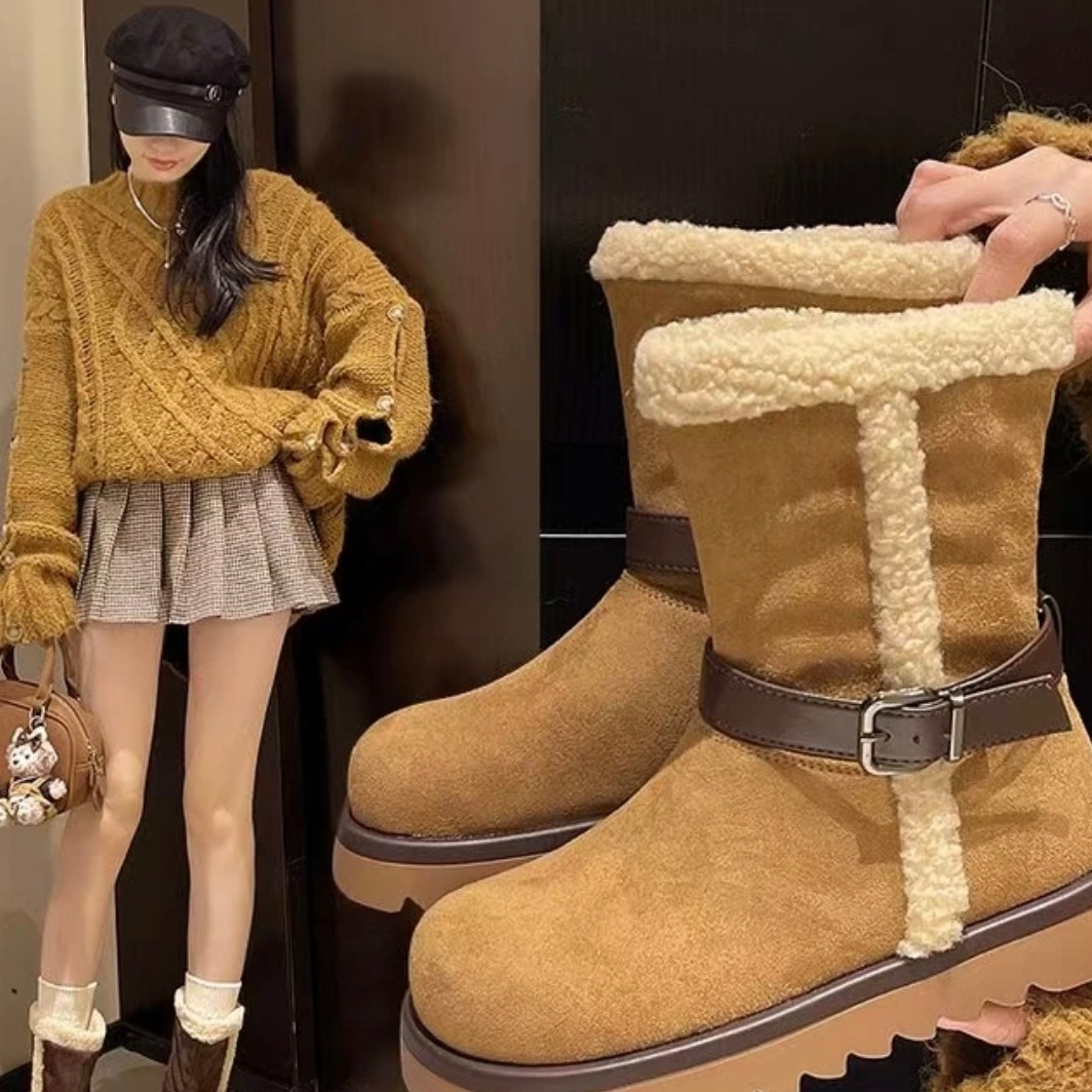 冬季加绒加厚中筒皮带扣两穿保暖防滑厚底复古风雪地靴棉鞋女