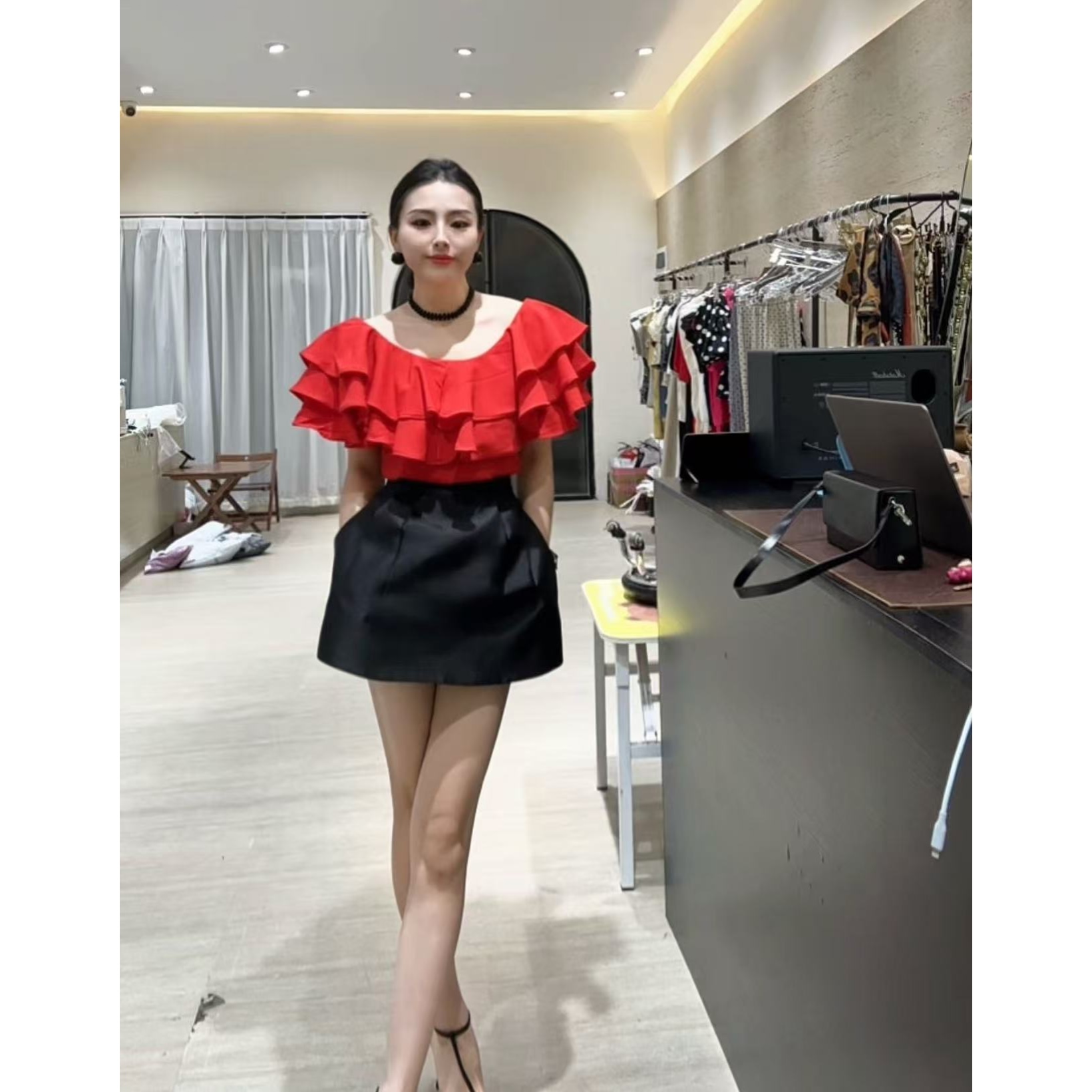 【 Wan wan】四色双层荷叶领后打朗上衣