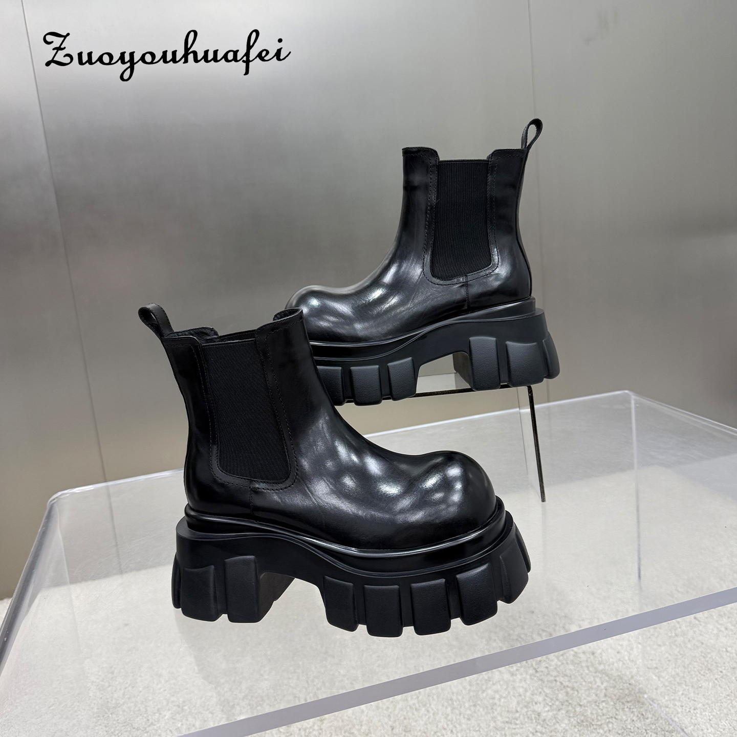 【左右华菲】7.5cm欧货真皮厚底切尔西秋冬女烟筒靴增高显瘦马丁靴