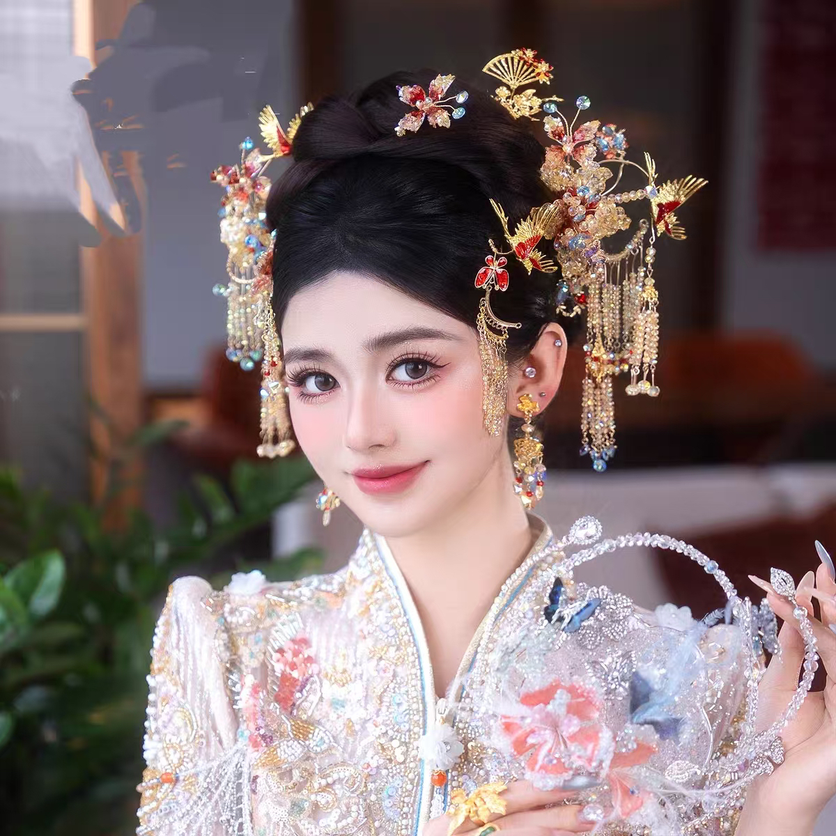 金色水晶流苏发簪新中式新娘秀禾龙凤褂旗袍结婚头饰复古大气1580