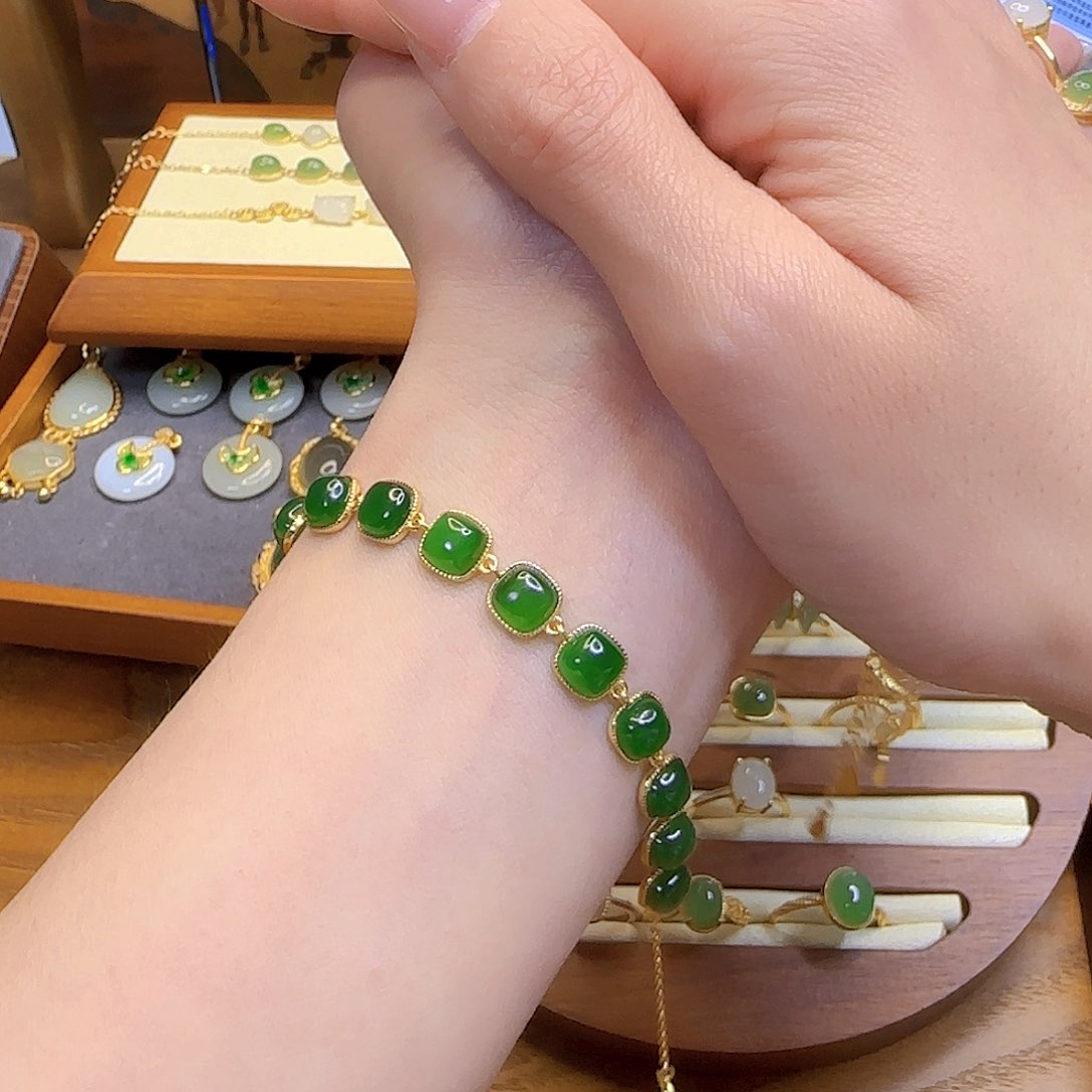 和田玉手链银S925镀金镶嵌