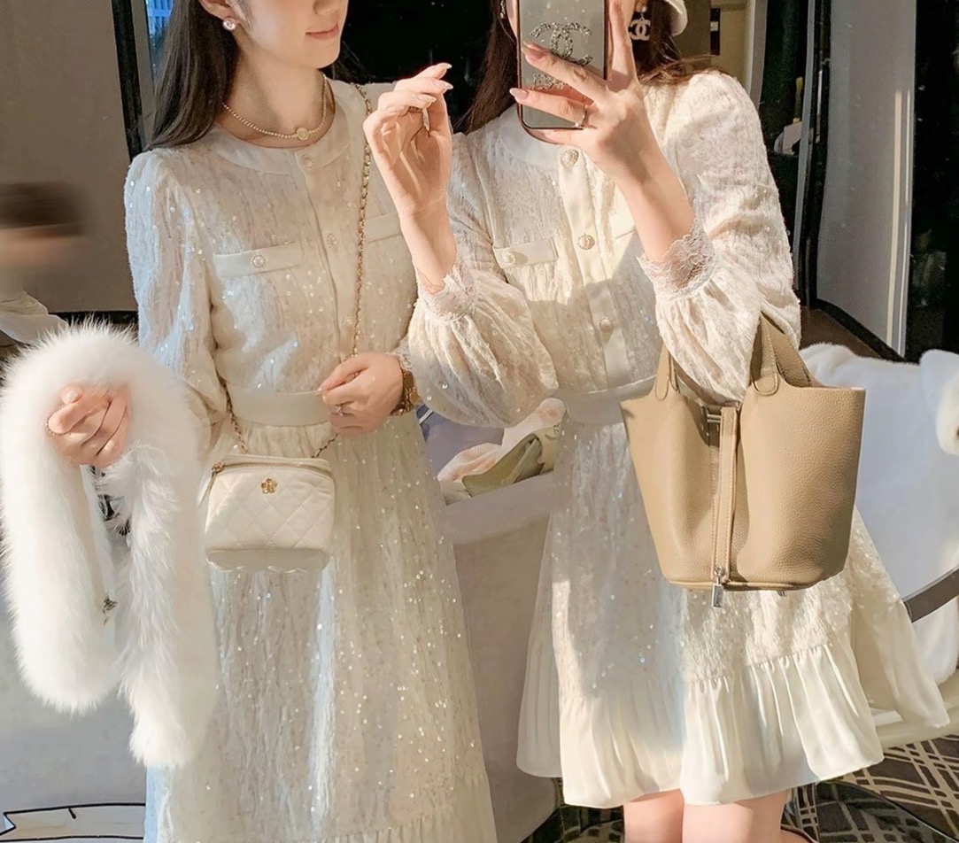 5662高腰拼接女装网红法式小香风显瘦连衣裙设计感蕾丝收腰裙