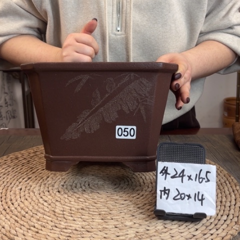 紫砂花盆紫玉金砂芭蕉刻绘切角直角四方050