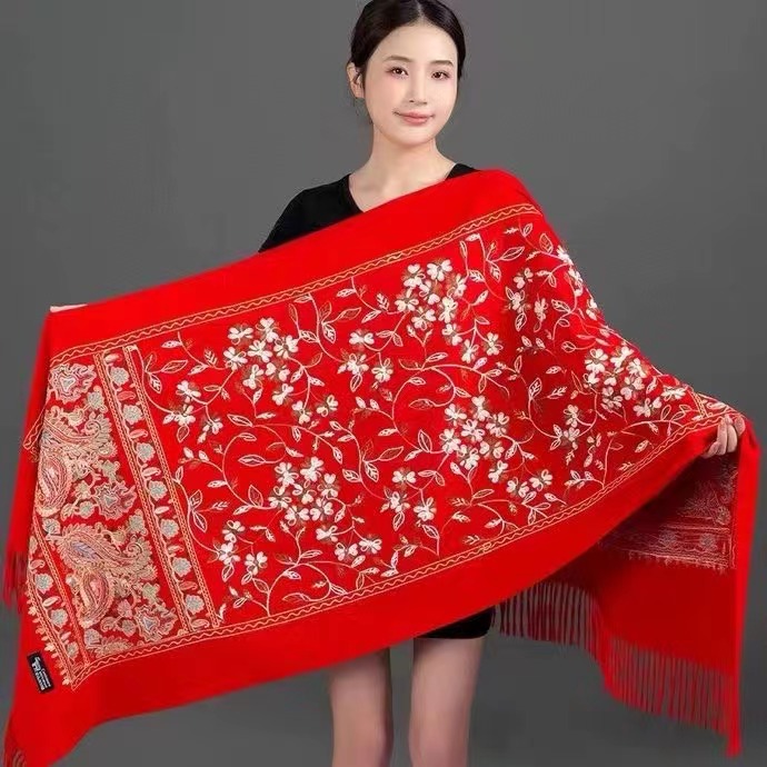 内蒙古厂家直邮羊绒满绣围巾披肩两用中厚喜婆婆婚礼披肩70️19