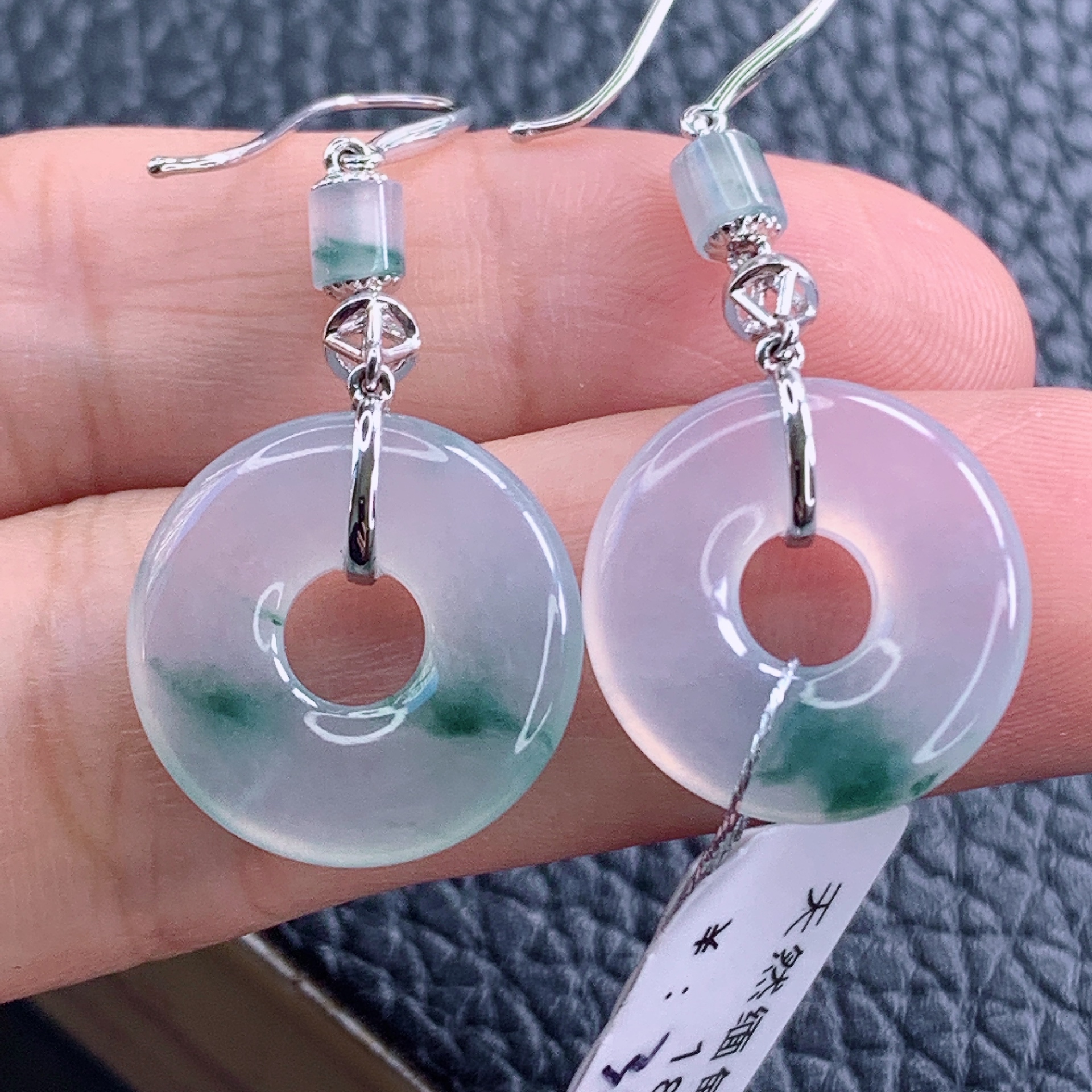 天然缅甸A货冰种冰透飘花翡翠甜甜圈镶嵌18k金耳坠16.5*3.5mm