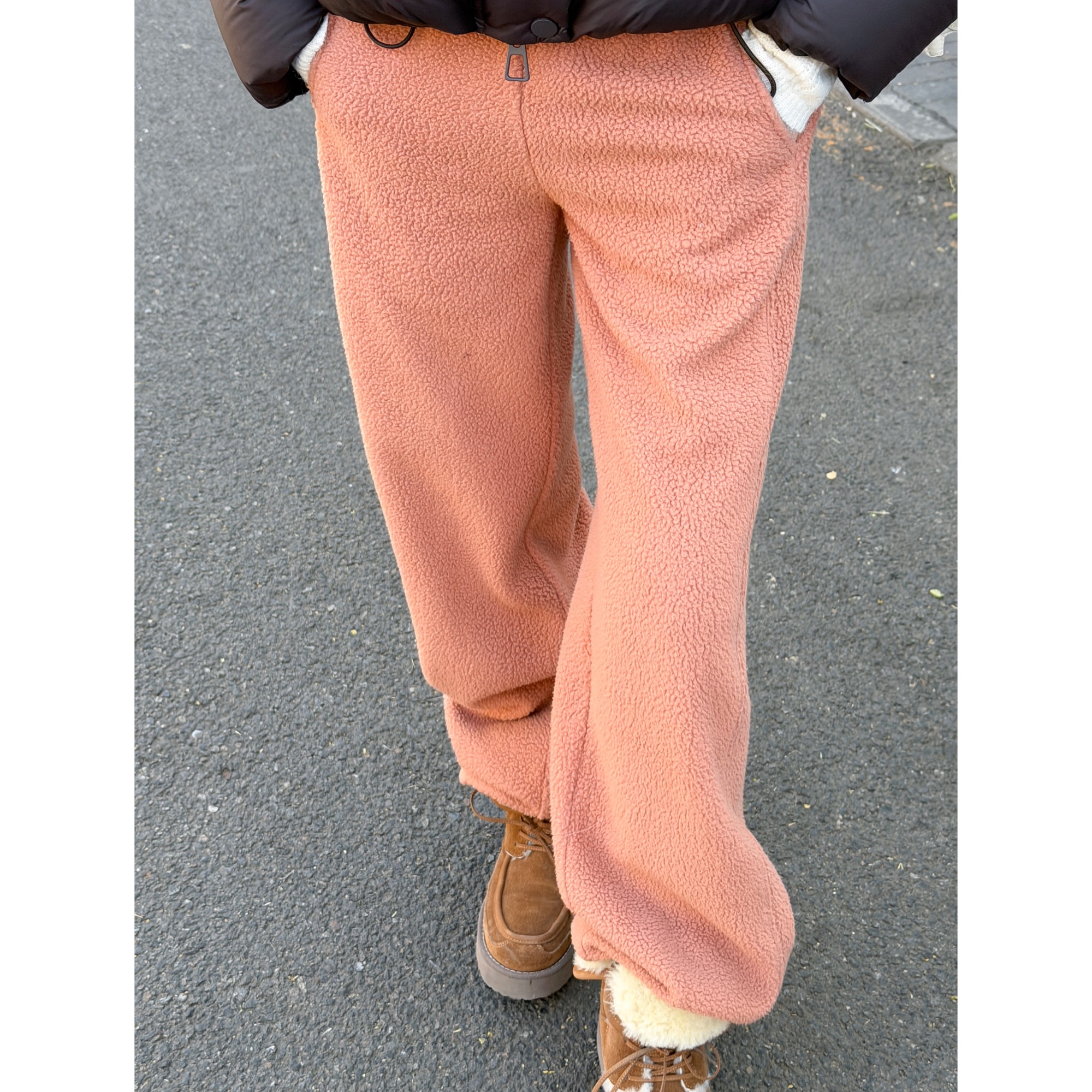 媛媛【红红火火】加绒裤子女冬高腰宽松阔腿裤直筒软糯毛巾裤#K1270