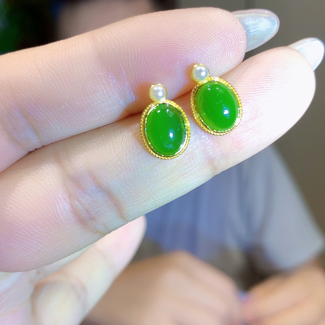 和田玉（碧玉）银S925镀金镶嵌耳饰