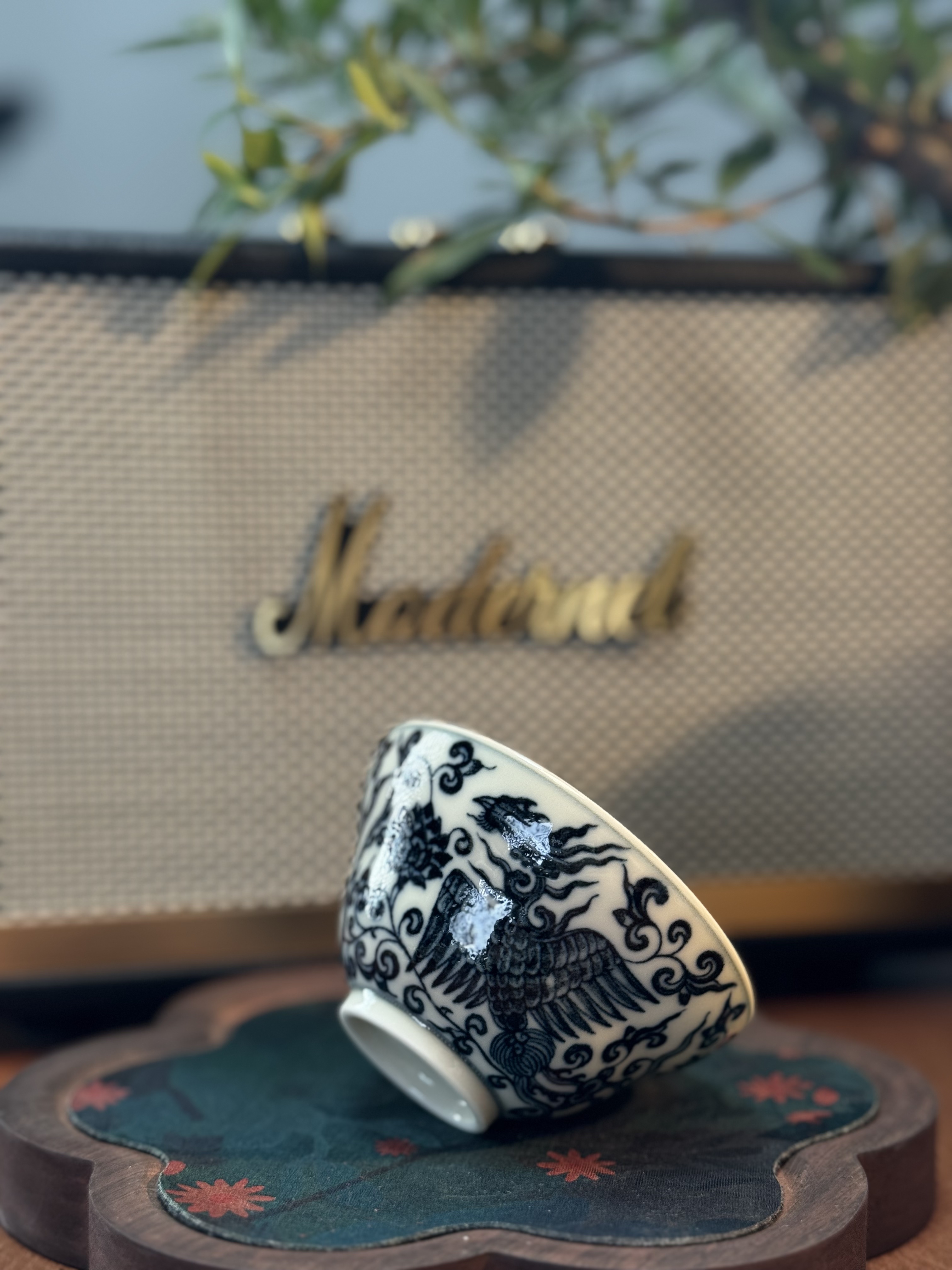 A102【景墨春风】景德镇手工手绘青花双凤折腰杯  50ml  